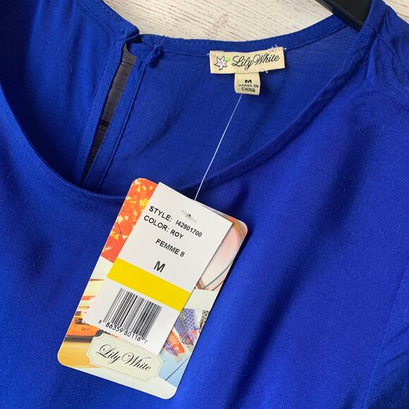 Lily White Hi Low Blue Blouse Short Sleeves Key Hole Tailcoat Style Back Size M - Picture 9 of 14